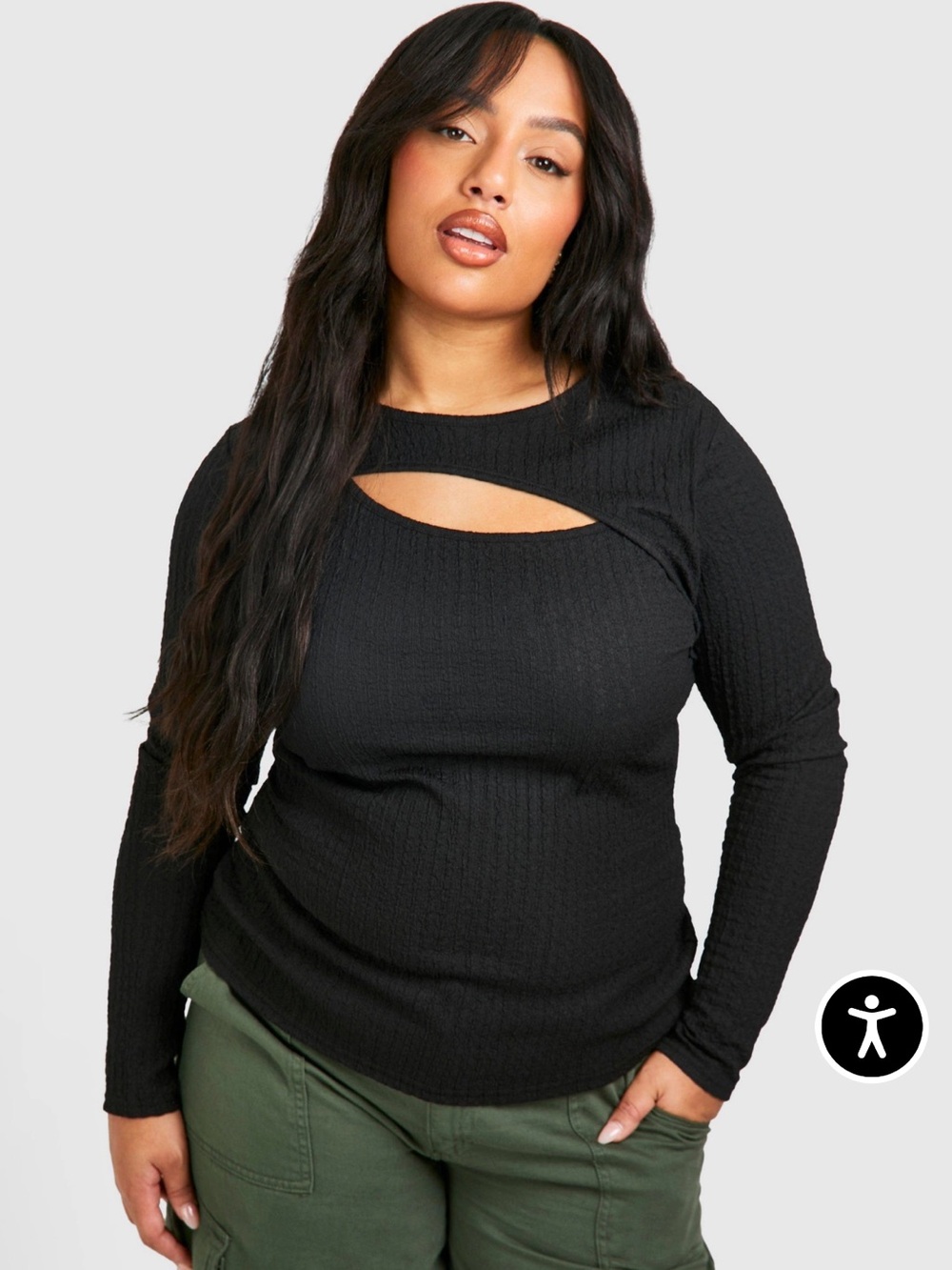 White Birch Black Long-Sleeve Top with Front Cutout - Size 1X